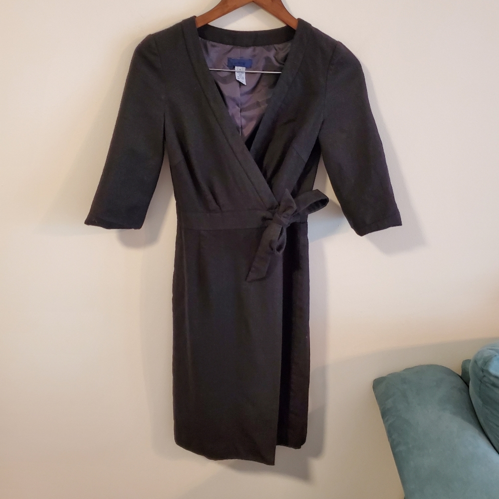 J crew wool wrap shirt dress midi dress tie waist size zero dark grey preppy